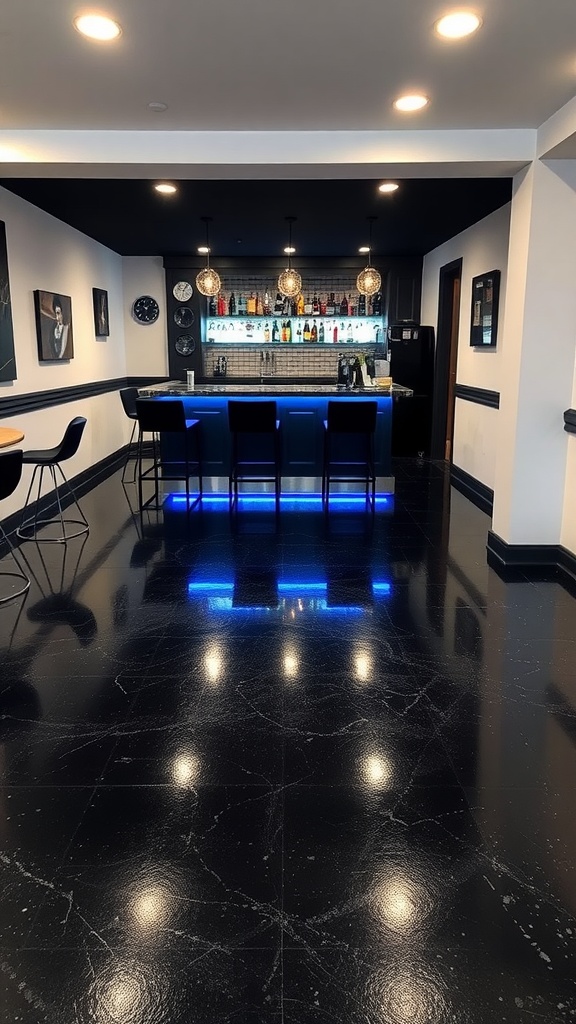 Stylish basement with LED lighting and black epoxy concrete floor
