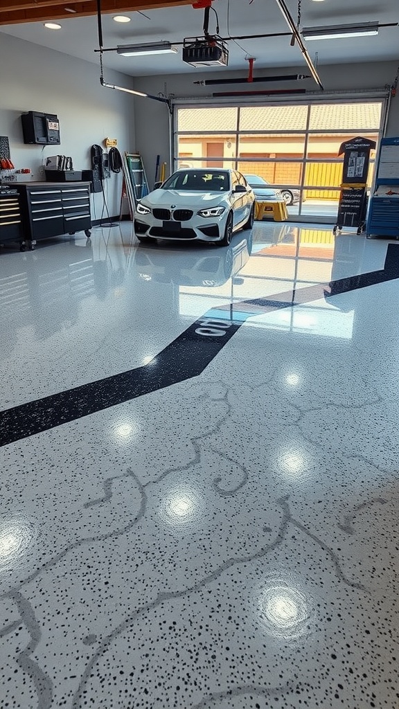 A brightly lit garage with a polished epoxy floor and a white car parked inside.