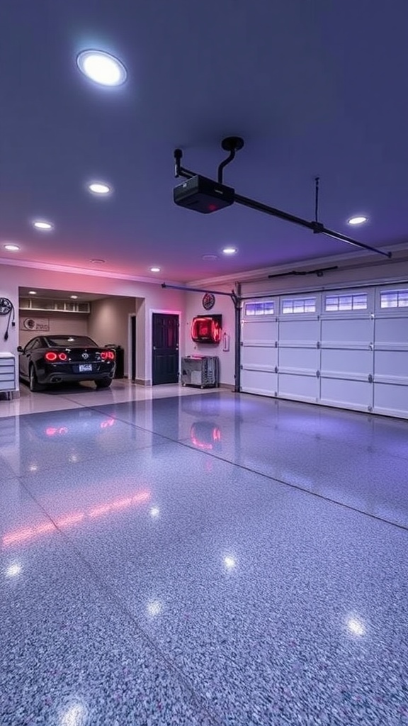 Before and after comparison of an epoxy garage floor with LED lighting
