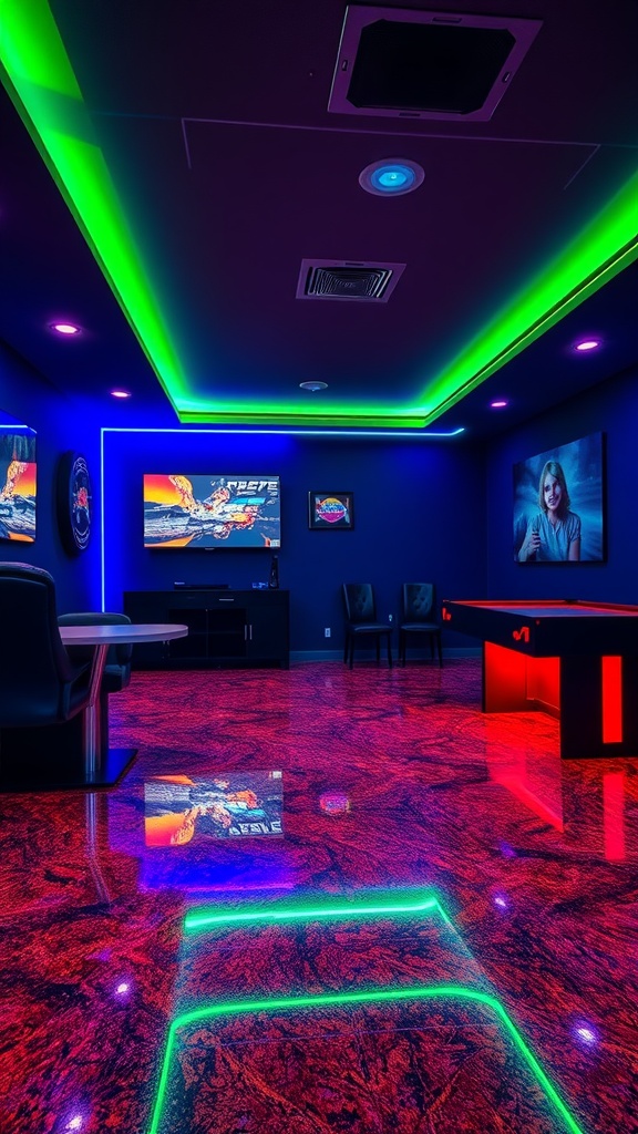 A game room basement featuring two different epoxy floors, one dark and reflective with neon lights, and the other light-colored and elegant, showcasing the impact of LED lighting.