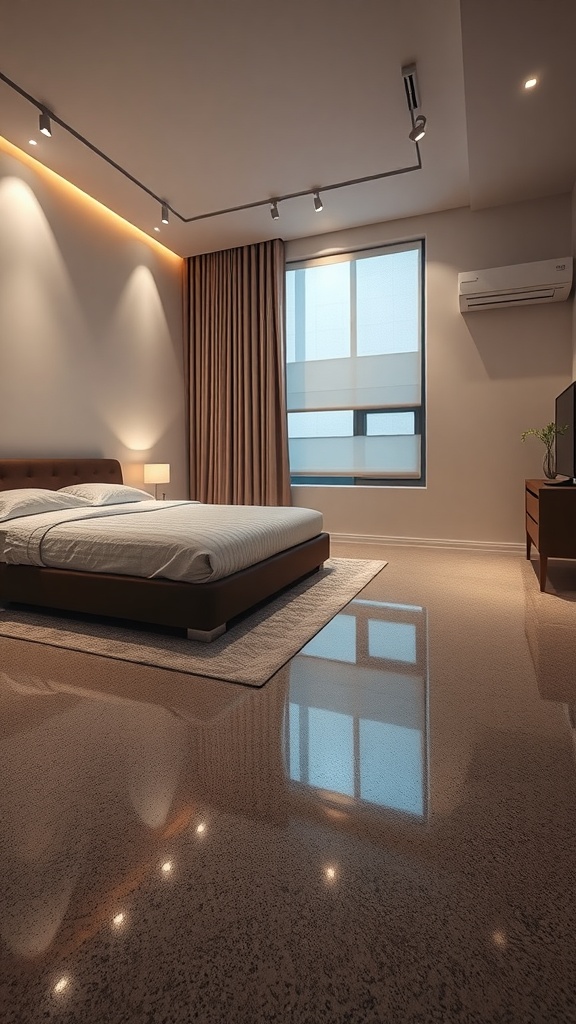 A cozy bedroom featuring epoxy flooring and various lighting elements.
