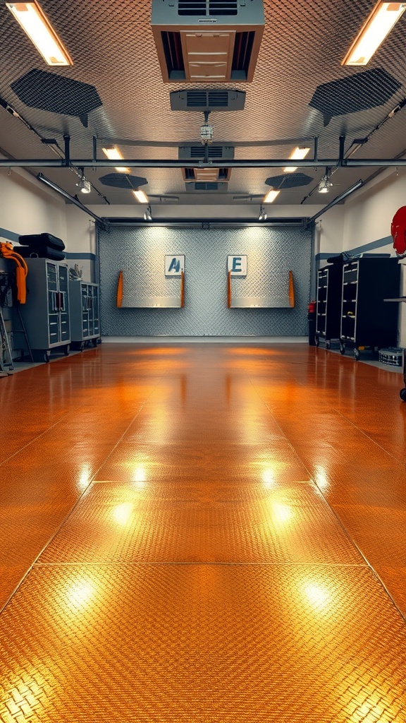 A modern garage with shiny orange metallic epoxy flooring, showcasing a clean and stylish environment.