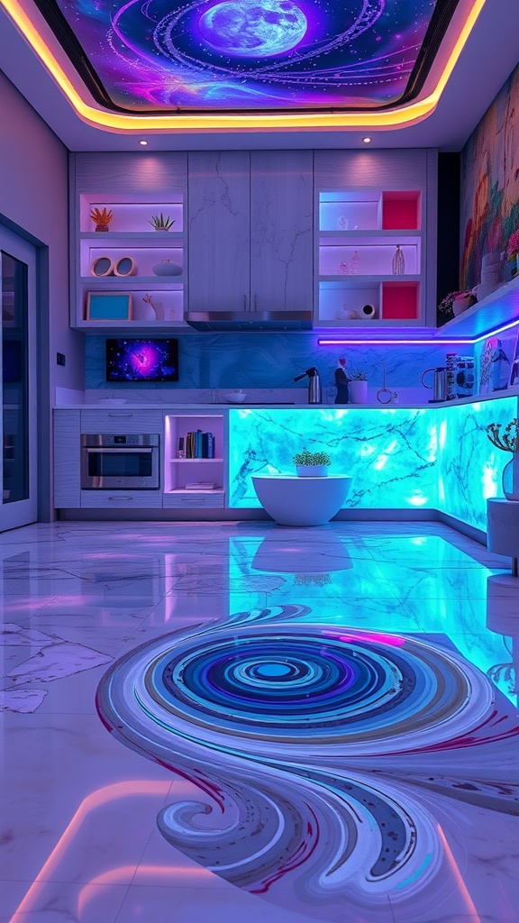 A modern kitchen featuring colorful epoxy flooring with swirling patterns, illuminated by vibrant LED lights.