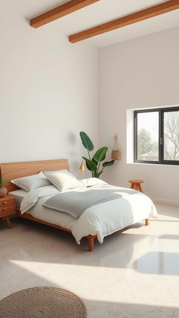Cozy bedroom with epoxy floor, wooden beams, and a potted plant.