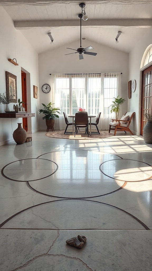 Interior space featuring stained concrete floor with circular patterns and natural decor.