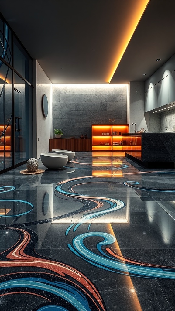 A sleek epoxy floor with flowing patterns and natural colors in a modern kitchen space.