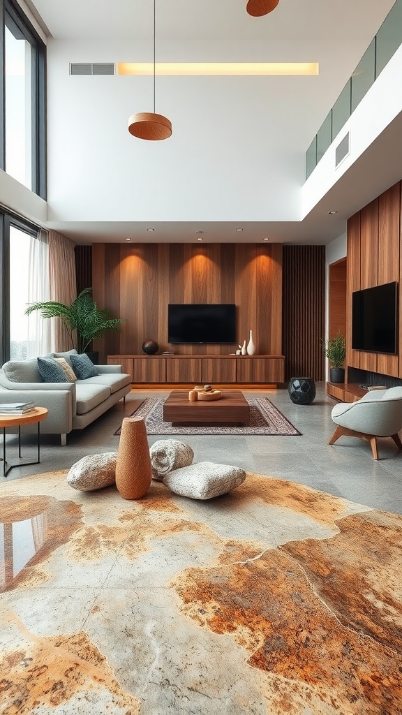 A modern living room with epoxy floors featuring earthy tones, large windows, wooden accents, and natural decor.