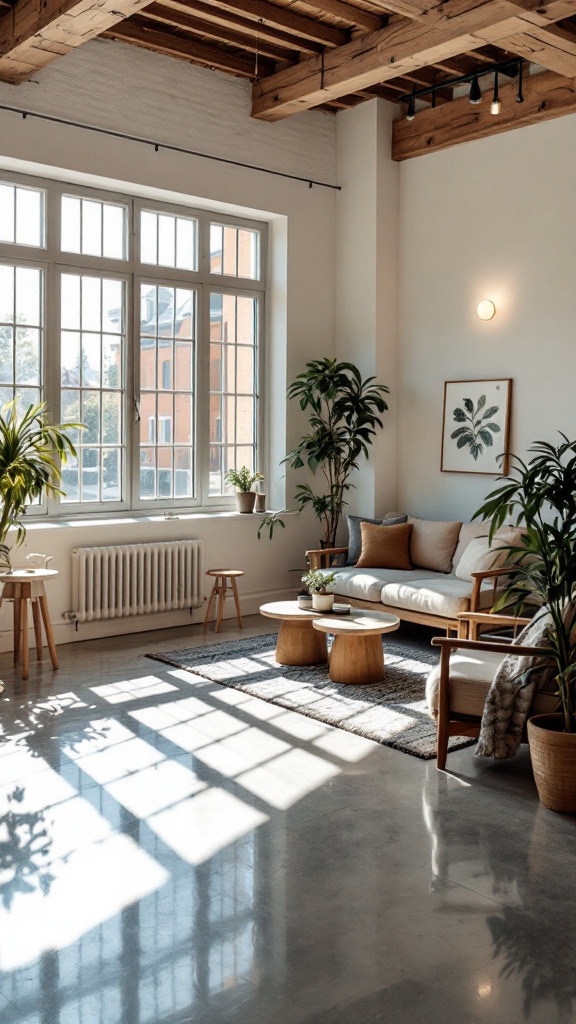 Bright living room with large windows, plants, and modern decor