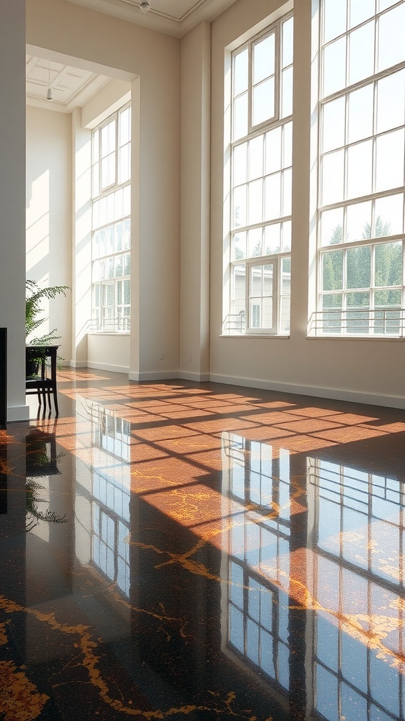 Cozy indoor space with gold and black epoxy floors, surrounded by plants and natural elements.