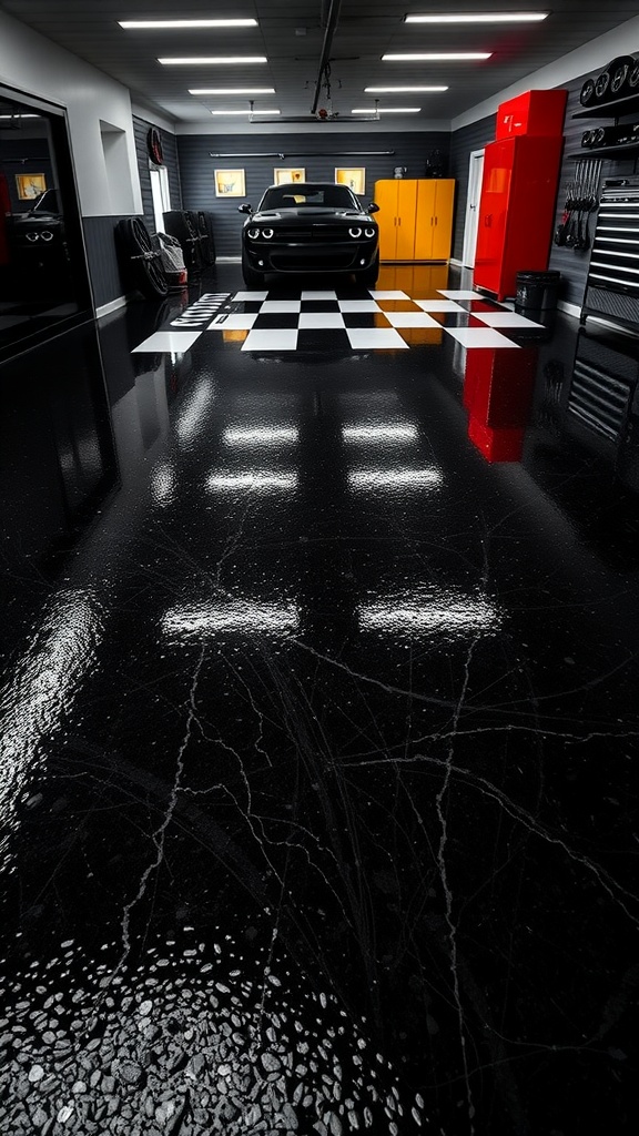A modern garage featuring a black epoxy floor with pebbles and a stylish checkered pattern