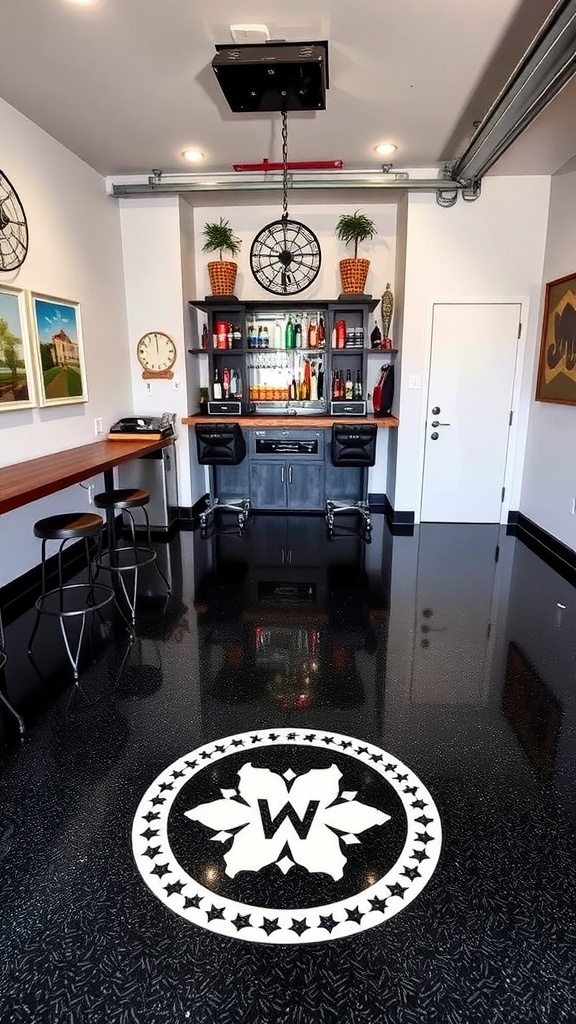 A stylish garage bar with a custom logo on the epoxy floor, showcasing a modern yet rustic vibe.