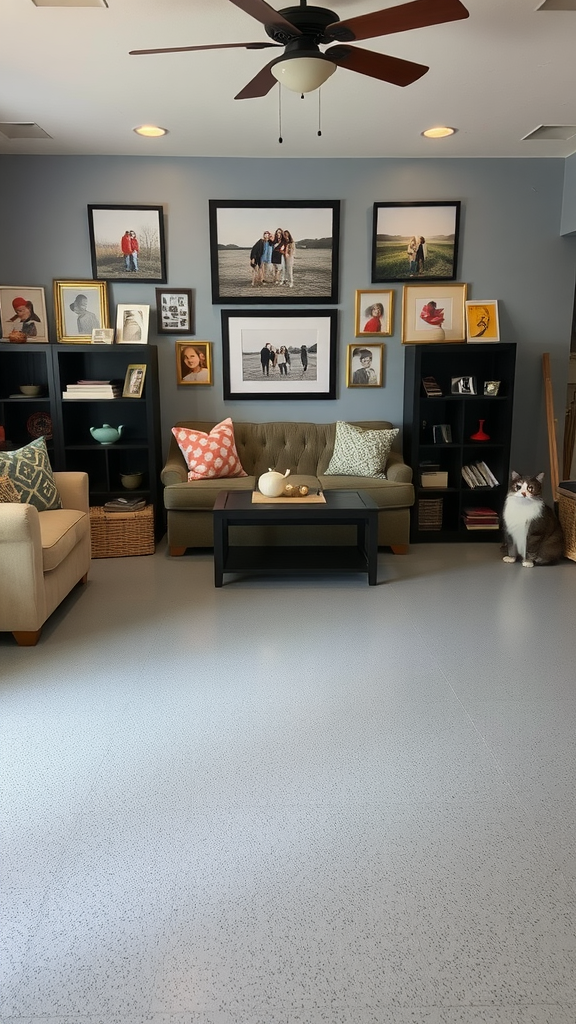 Cozy living room with leather sofa, framed photos on the wall, and an epoxy floor.