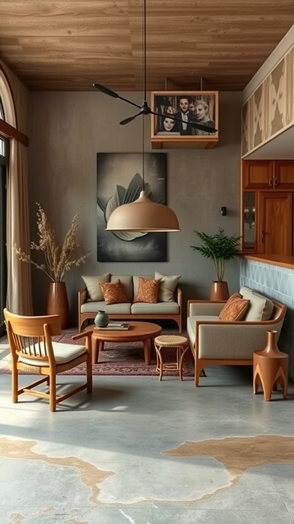 A spacious living room with tan concrete floors, wooden ceiling, and large windows.