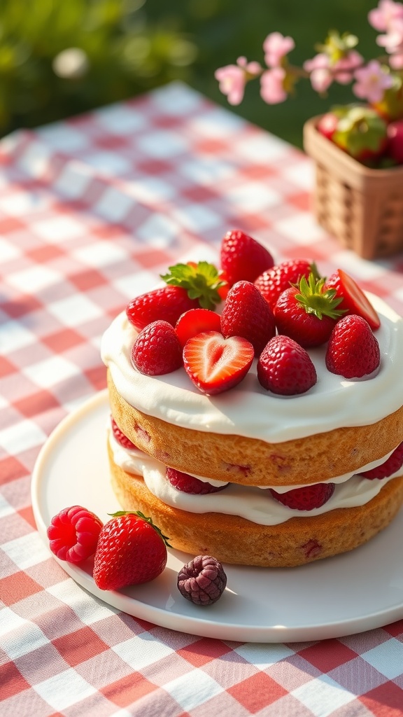 A beautifully layered Neapolitan cake topped with fresh seasonal fruits.