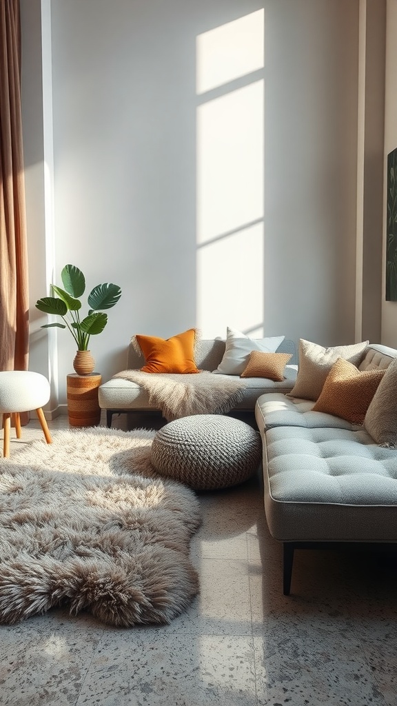 Cozy living room featuring epoxy flooring, soft cushions, and a fluffy rug.