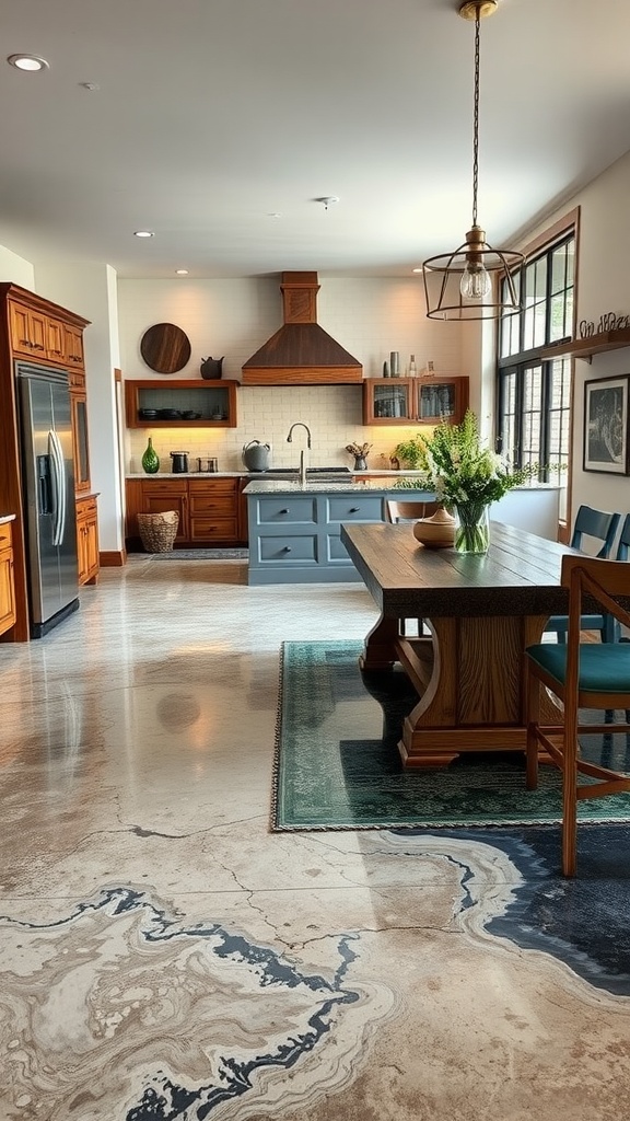 A modern farmhouse kitchen with a kitchen island table and artistic epoxy flooring design.