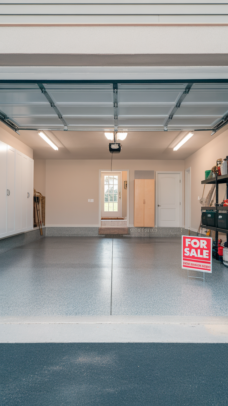 A garage with epoxy flooring and a 'For Sale' sign.
