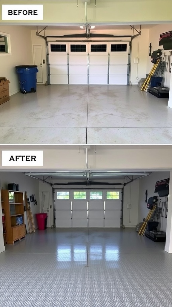 Before and after comparison of a garage floor makeover with epoxy flooring.