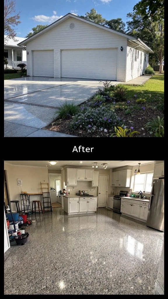 Before and after images of a home renovation showing an exterior and kitchen upgrade.