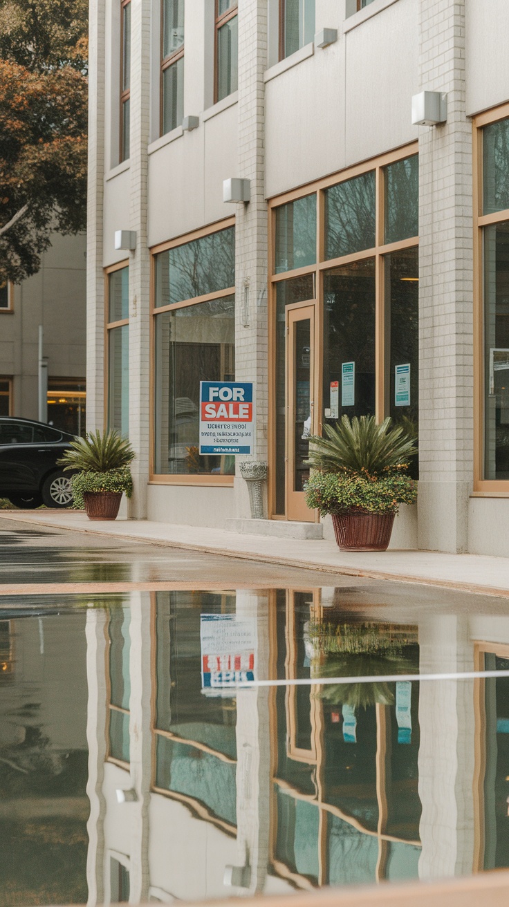 A commercial building with a 'For Sale' sign, showcasing a modern exterior and reflecting surfaces.