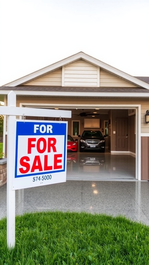 A garage with a 'For Sale' sign in front, showcasing shiny epoxy flooring.