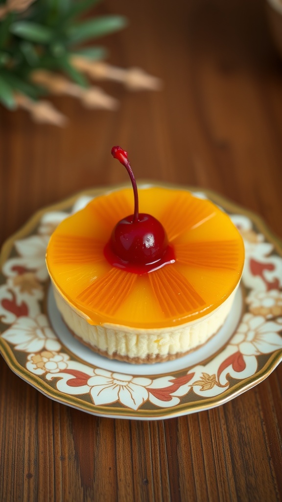Mini pineapple upside-down cheesecake topped with a cherry on a decorative plate
