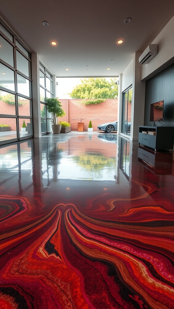 A modern indoor space with a colorful epoxy concrete floor that creates a flow to the outdoor area.