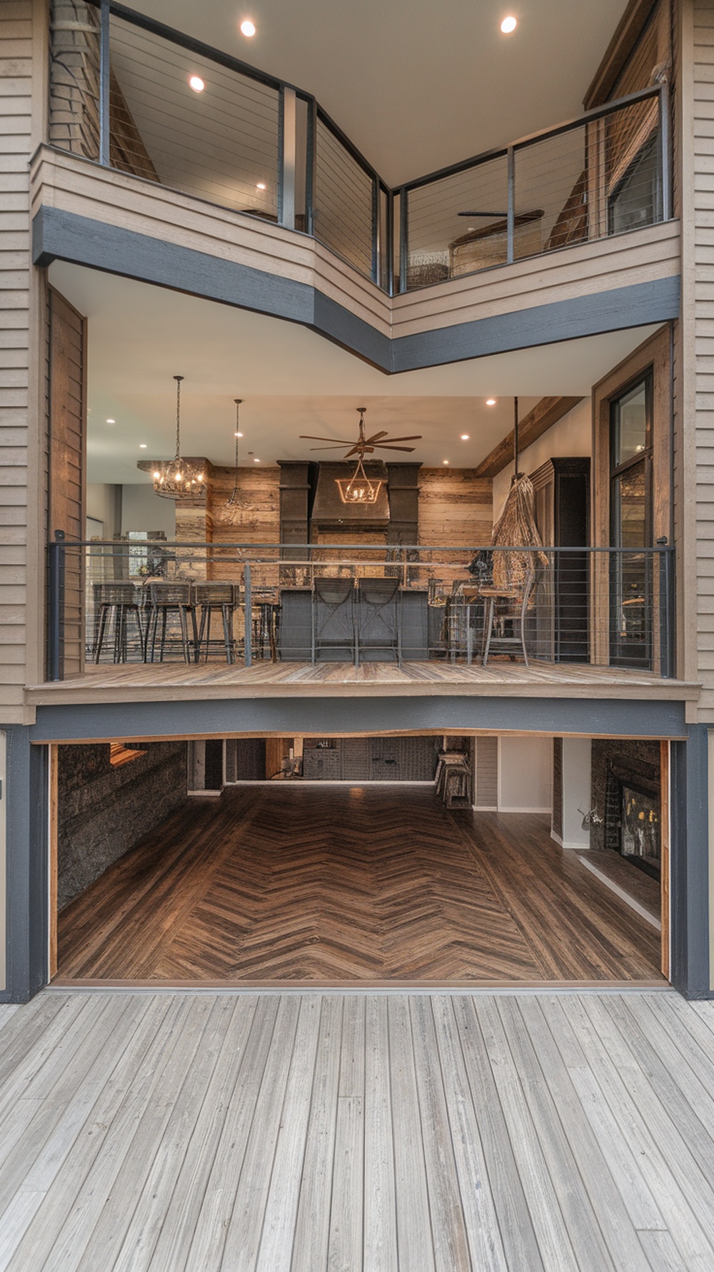 A modern indoor-outdoor space featuring wood-look epoxy floors in a herringbone pattern.