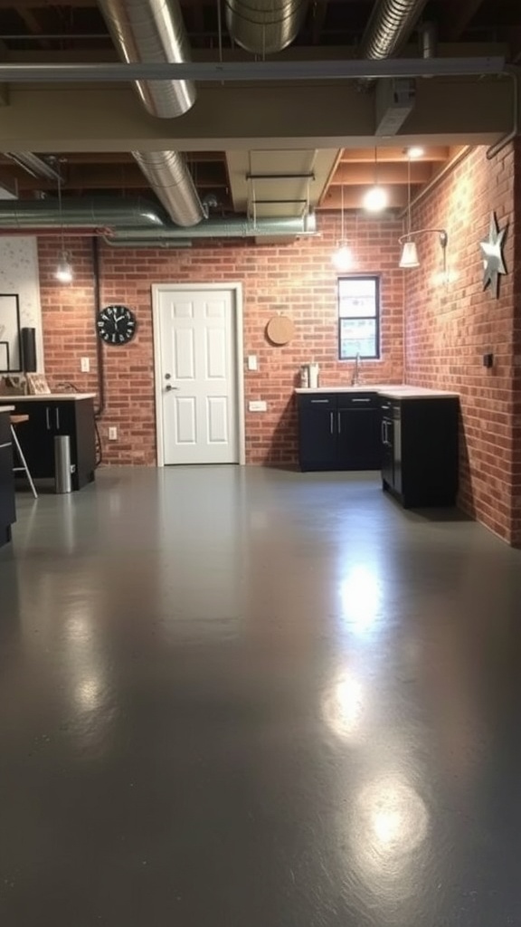 A split image showing two styles of epoxy flooring in an industrial-chic basement. One side features a glossy black epoxy floor, while the other showcases a white marble-style epoxy floor.