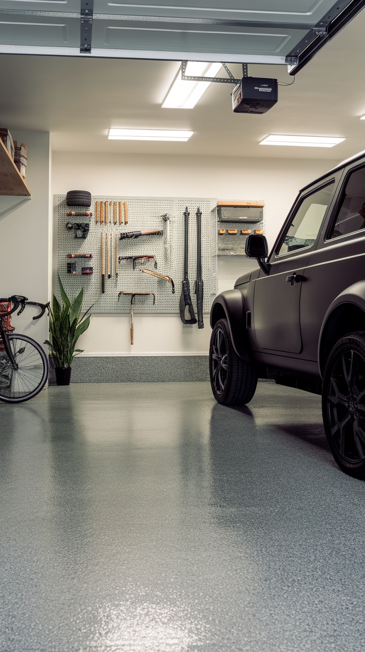 A modern garage featuring an epoxy flake floor, organized tool wall, and a black vehicle.