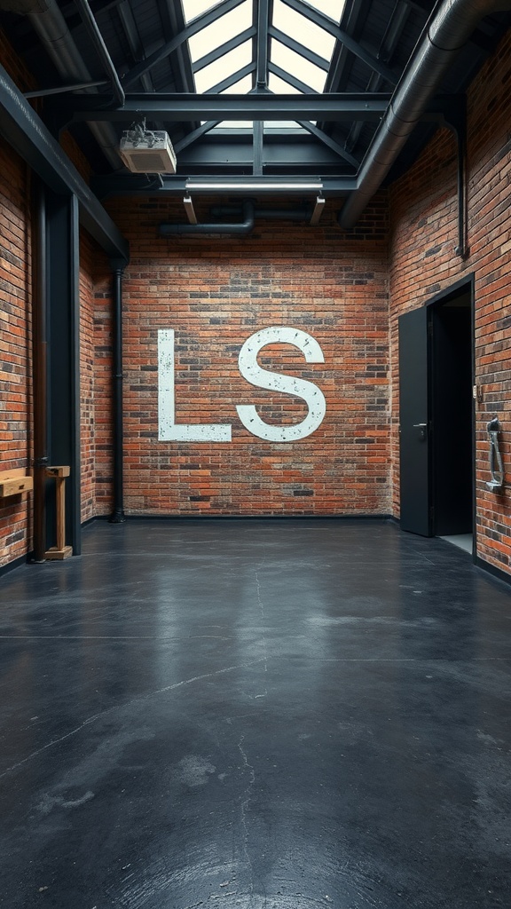 An industrial-style space featuring dark concrete epoxy flooring and a brick wall with the letters 'LS'.