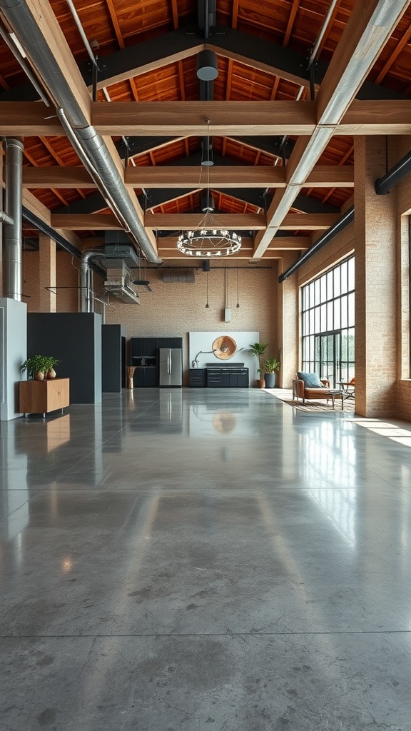 A spacious room featuring polished concrete flooring and exposed wooden beams.