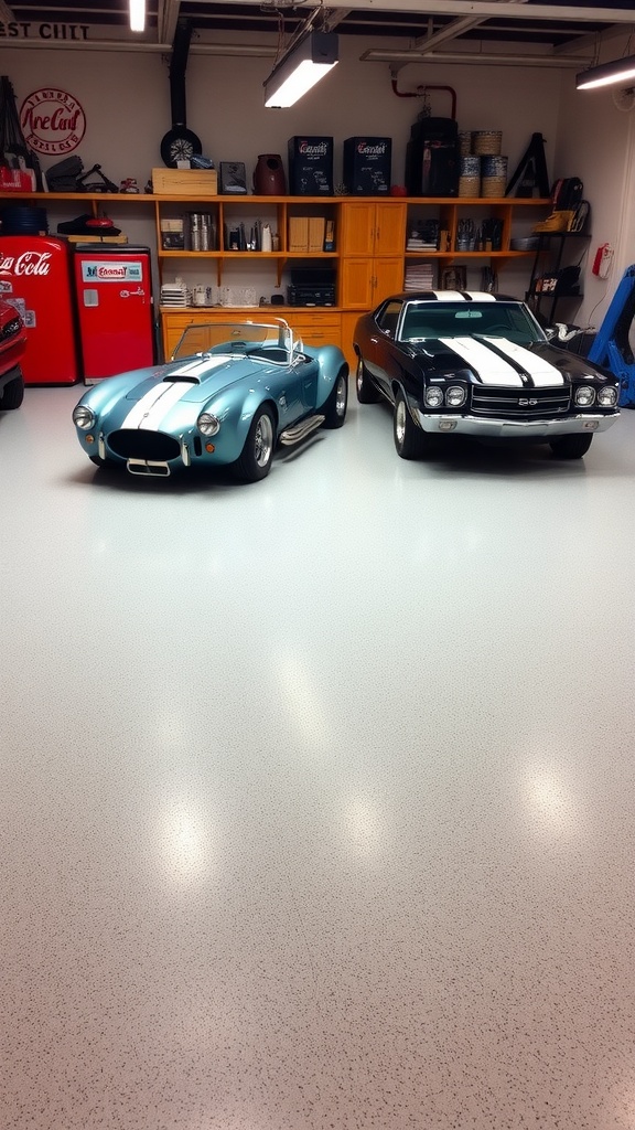 Industrial-style garage with dark epoxy flooring and exposed pipes