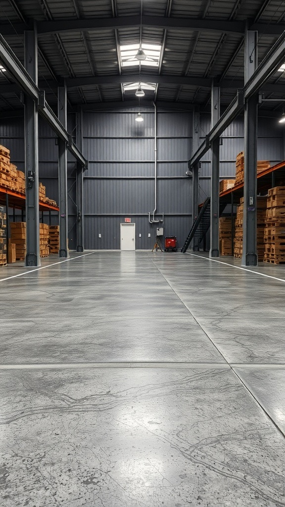 A spacious industrial warehouse with polished gray epoxy floors and metal structures.