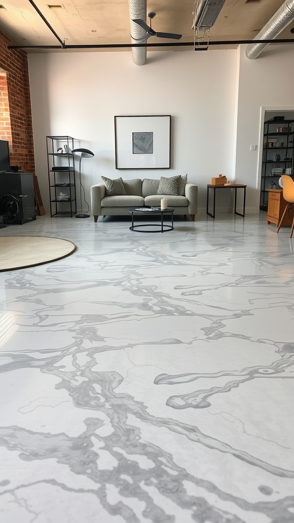 Modern living room featuring white and grey epoxy flooring