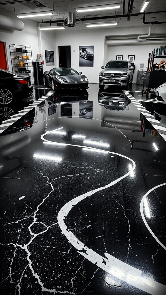 Industrial-style metallic epoxy floor in a garage with black and white design
