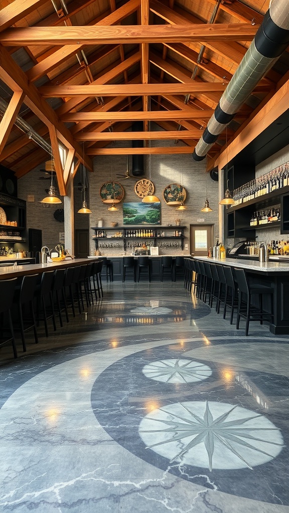 A rustic bar interior featuring wooden beams and a polished epoxy floor with compass designs.