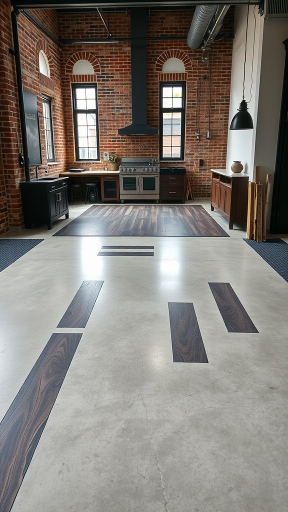 An industrial-style kitchen with a micro cement floor featuring dark wooden accents against brick walls.