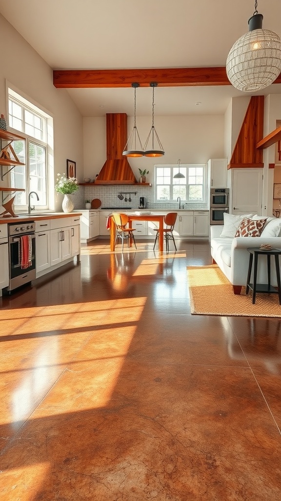 A modern kitchen featuring brown epoxy floors, wooden beams, and stylish decor.