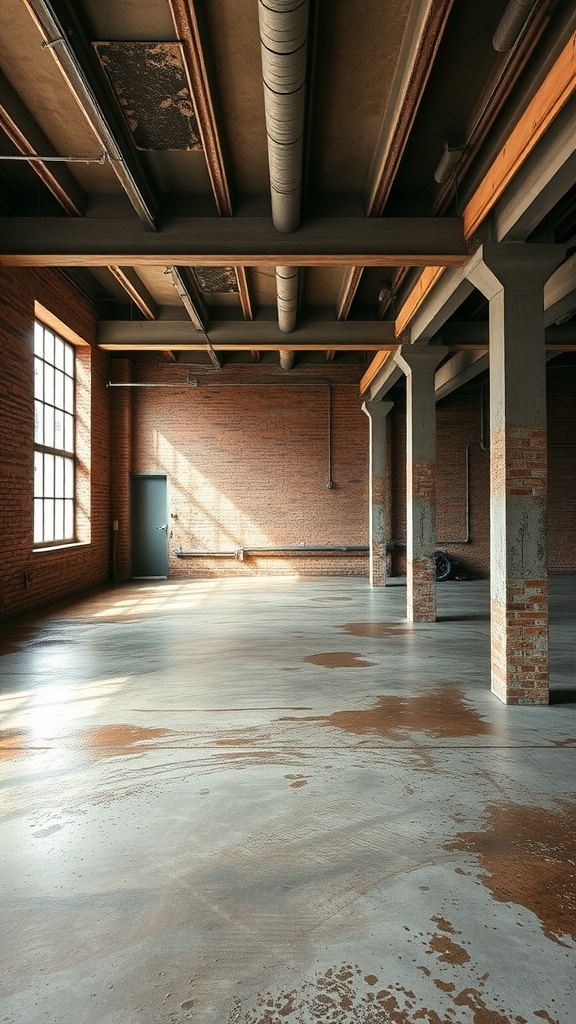 A stylish industrial kitchen featuring a black metallic epoxy floor with intricate patterns and wooden accents.