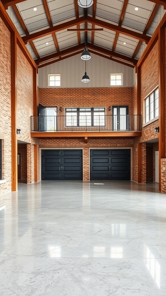 A spacious loft with high ceilings, brick walls, and a sleek epoxy floor.