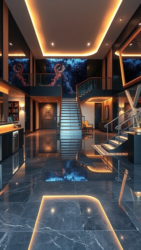 An elegant entryway featuring glossy epoxy flooring with stylish lighting, blending industrial and chic design elements.