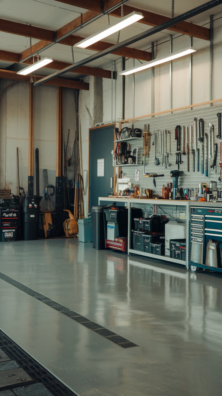 A modern garage featuring a polished epoxy floor and organized tool storage.