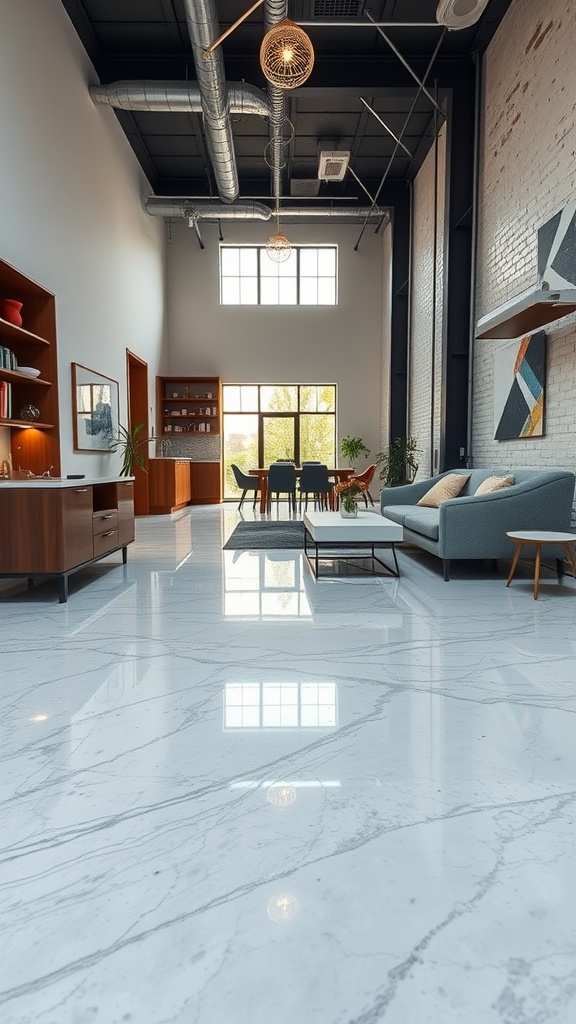 An industrial chic living area featuring polished marble epoxy floors and modern decor.