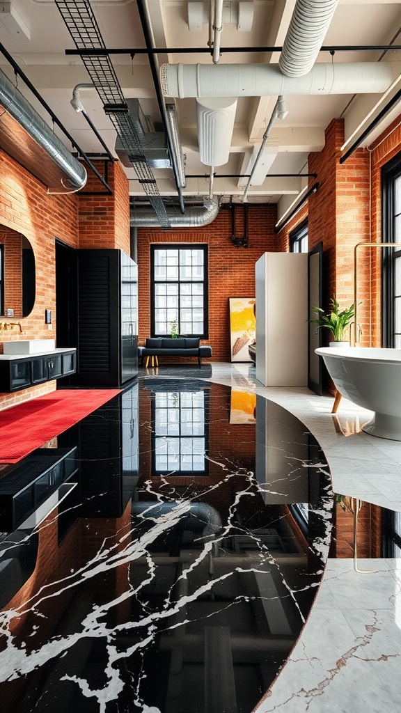 A stylish industrial-style room with black epoxy flooring featuring white marble patterns, exposed brick walls, and large windows.