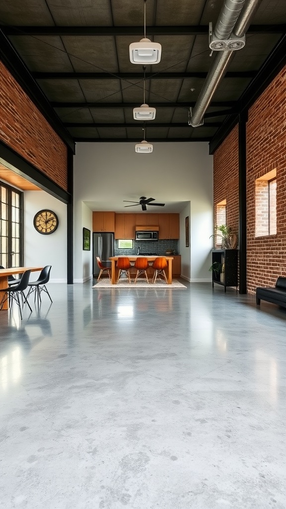 A spacious industrial-style interior featuring polished concrete floors and exposed brick walls.