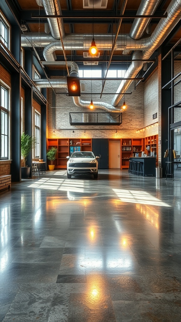 An industrial chic interior with metallic epoxy floors featuring warm, earthy tones.
