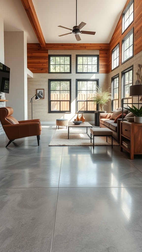A modern living room featuring polished cement floors, wooden beams, and large windows.