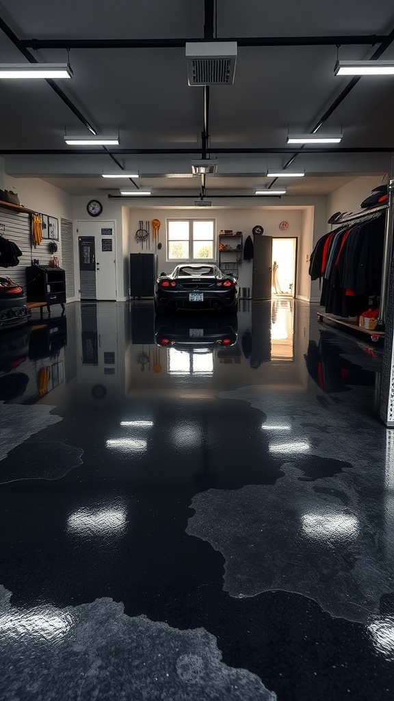 Black epoxy garage floor with a sleek finish and modern aesthetic
