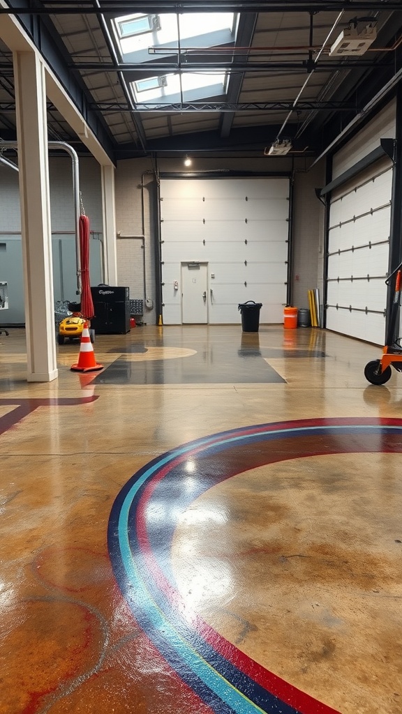 Industrial concrete floor with colorful epoxy design in a spacious garage setting.
